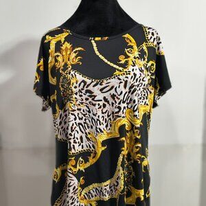 Free Kisses Women's 1 X Stretch Short Sleeve Black and Gold Blouse